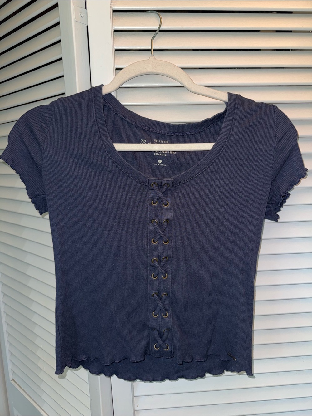 Hollister Navy Ribbed Lace-Up Short Sleeve Crop Top